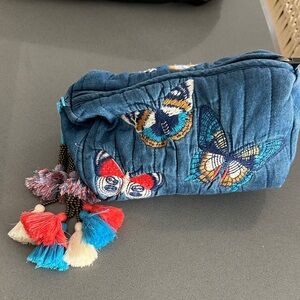 Johnny Was Blue Embroidered Butterfly Cosmetic Bag
